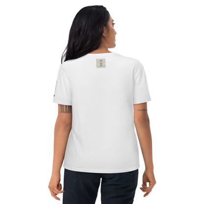 Unisex white organic cotton t-shirt 'Just Seeing (thumb)' artist-authorised edition of original artwork by Enmempin N. Midelobo