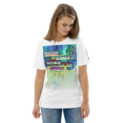 Unisex white organic cotton t-shirt 'Just Seeing (thumb)' artist-authorised edition of original artwork by Enmempin N. Midelobo