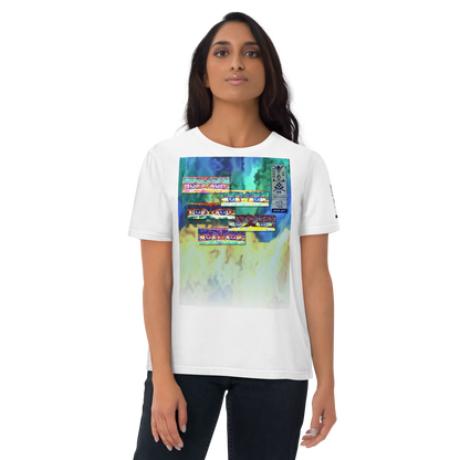 Unisex white organic cotton t-shirt 'Just Seeing (thumb)' artist-authorised edition of original artwork by Enmempin N. Midelobo