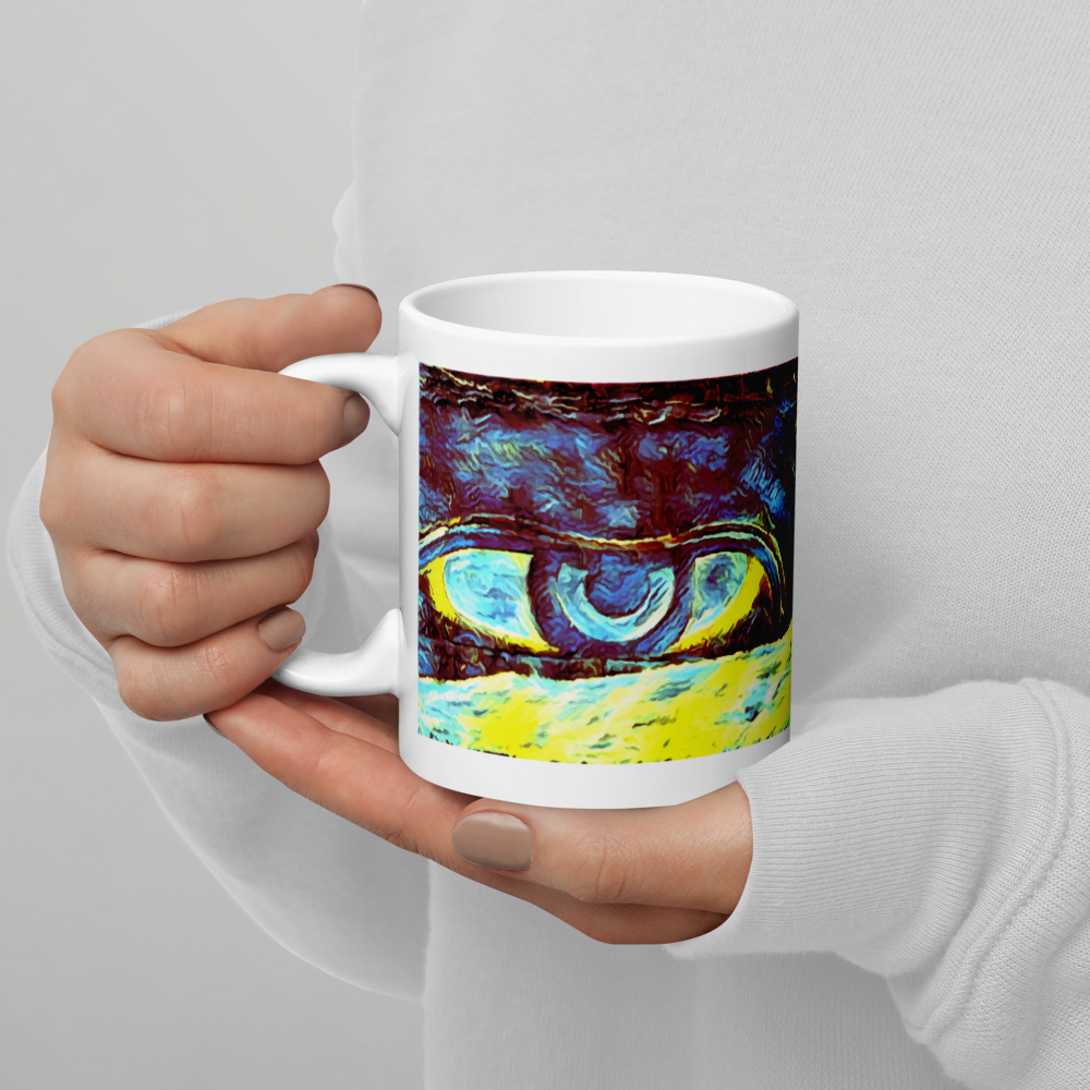 White glossy mug 'Just Seeing 4/5' artist-authorised edition of original art by Enmempin N. Mideolobo