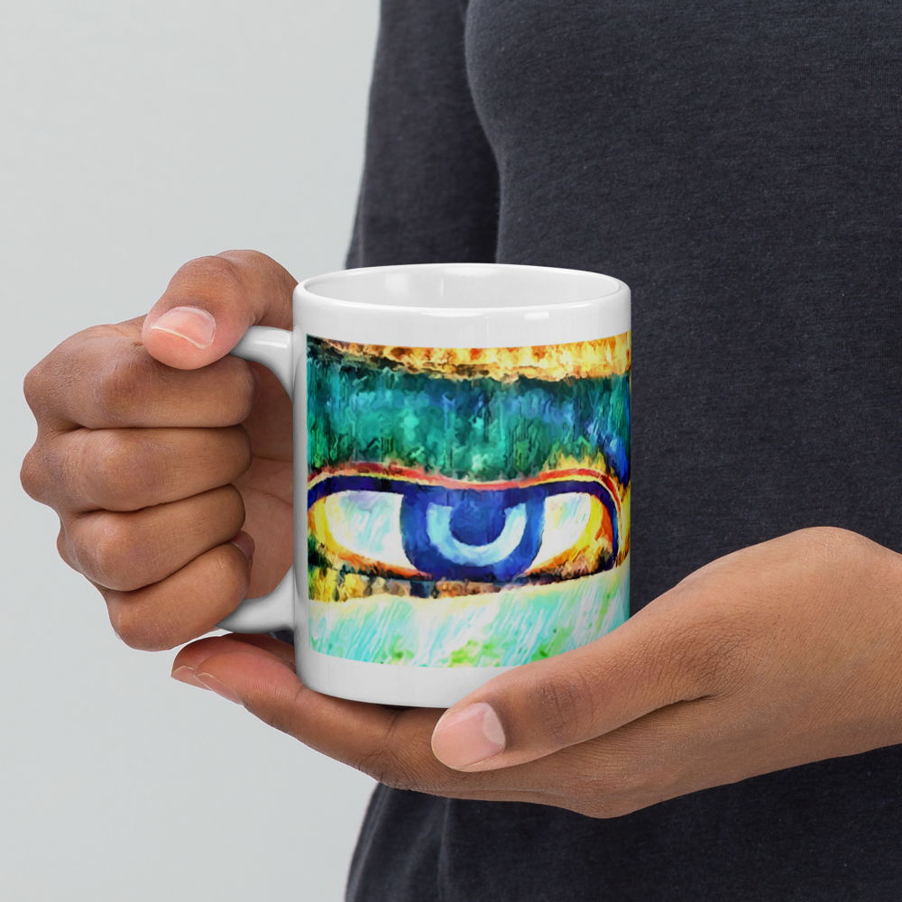 White glossy mug 'Just Seeing 2/5' artist-authorised edition of original art by Enmempin N. Mideolobo