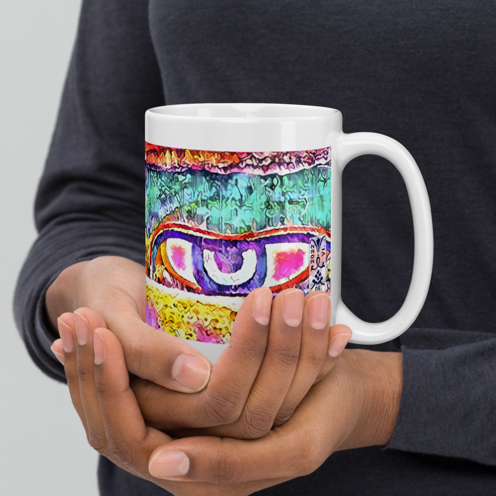 White glossy mug 'Just Seeing 1/5' artist-authorised edition of original art by Enmempin N. Mideolobo